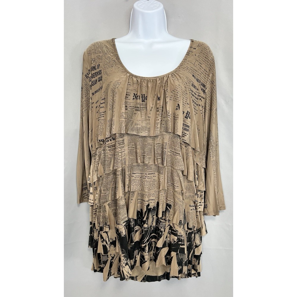 Reina Women's New York Newspaper Printed Layered Pullover Blouse Top Y2K USA L‎